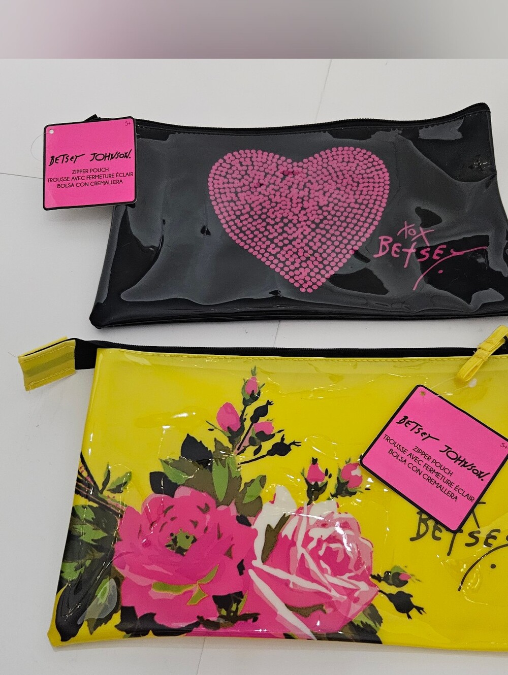 Betsey Johnson Makeup Bag Set 2pc Pink Heart Floral Cosmetic Pouch NWT